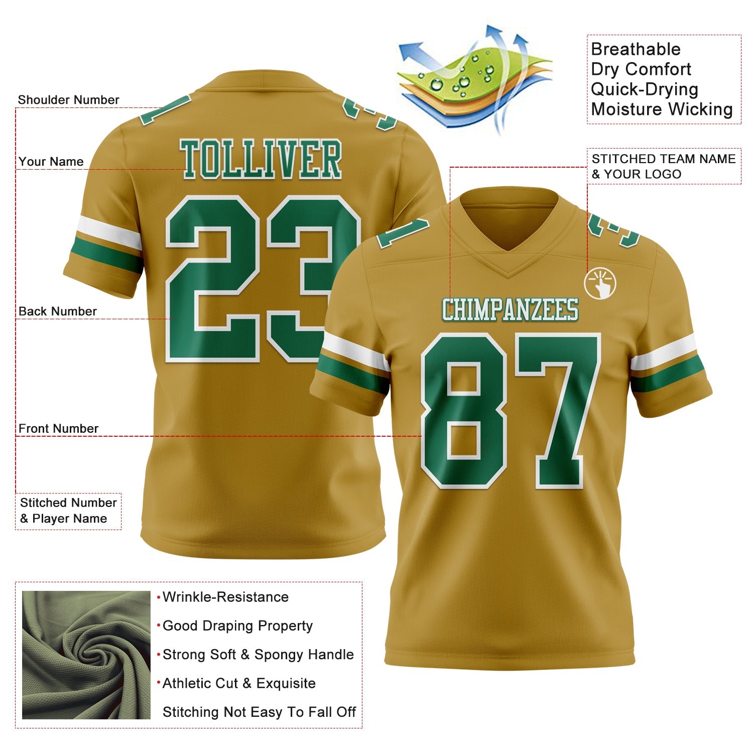 Custom Old Gold Kelly Green-White Mesh Authentic Football Jersey - Sky-Custom