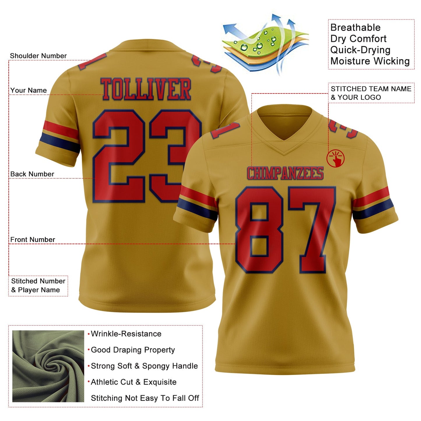 Custom Old Gold Red-Navy Mesh Authentic Football Jersey - Sky-Custom