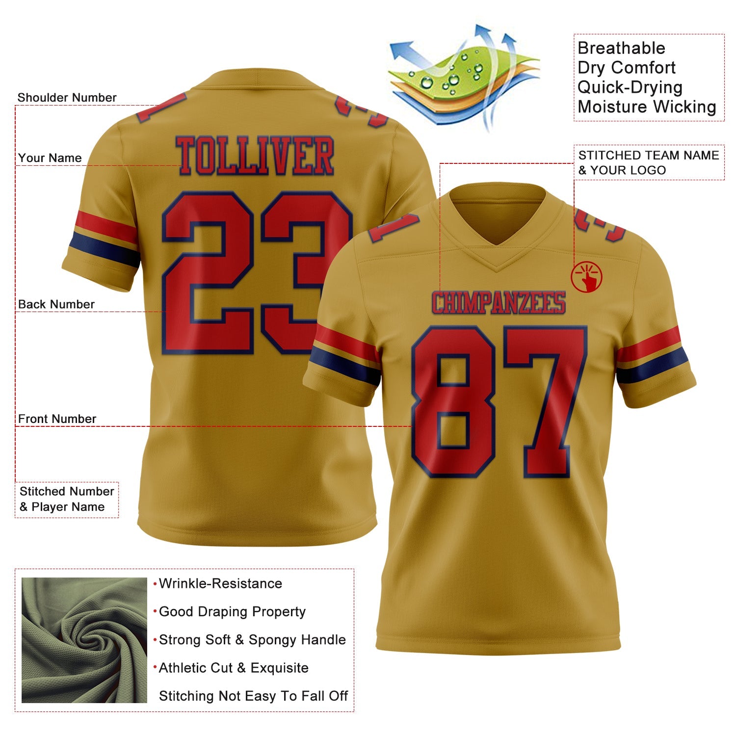 Custom Old Gold Red-Navy Mesh Authentic Football Jersey - Sky-Custom