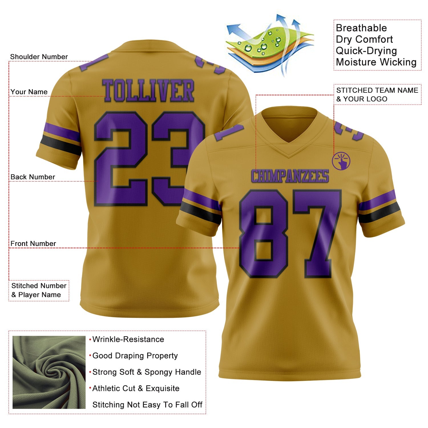 Custom Old Gold Purple-Black Mesh Authentic Football Jersey - Sky-Custom