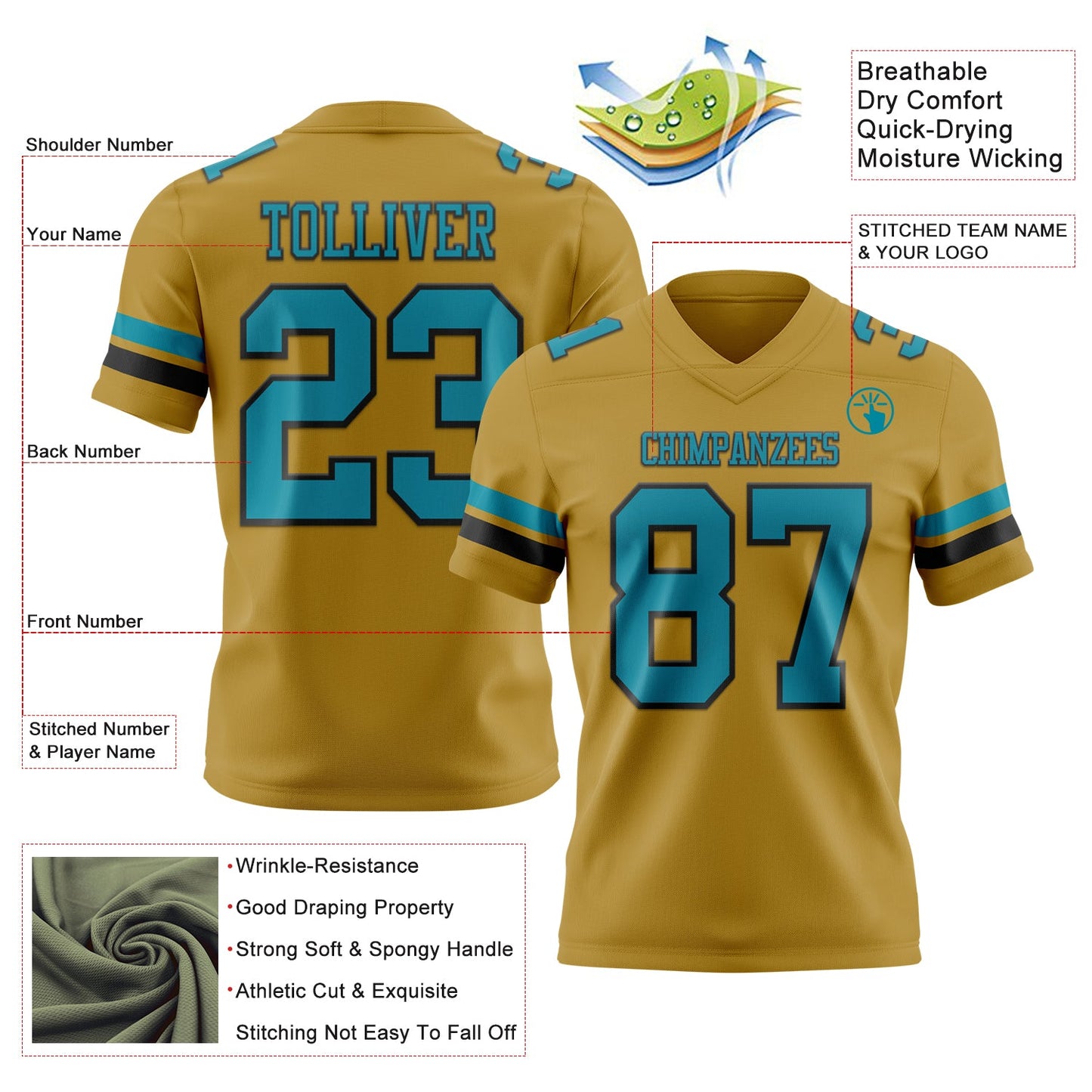 Custom Old Gold Teal-Black Mesh Authentic Football Jersey - Sky-Custom