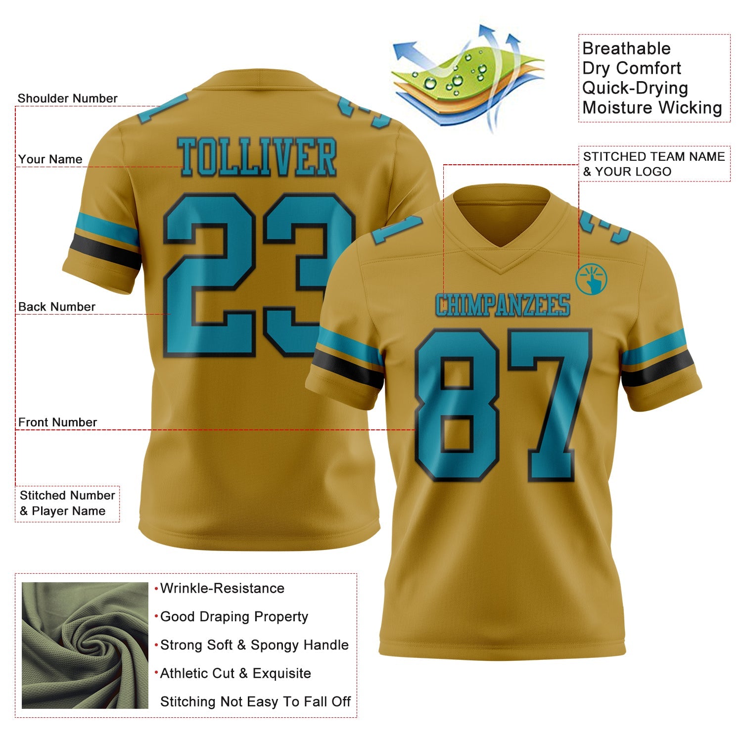 Custom Old Gold Teal-Black Mesh Authentic Football Jersey - Sky-Custom