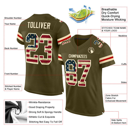 Custom Olive Vintage USA Flag-Cream Mesh Authentic Salute To Service Football Jersey - Sky-Custom