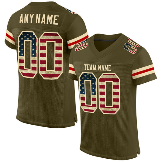 Custom Olive Vintage USA Flag-Cream Mesh Authentic Salute To Service Football Jersey - Sky-Custom