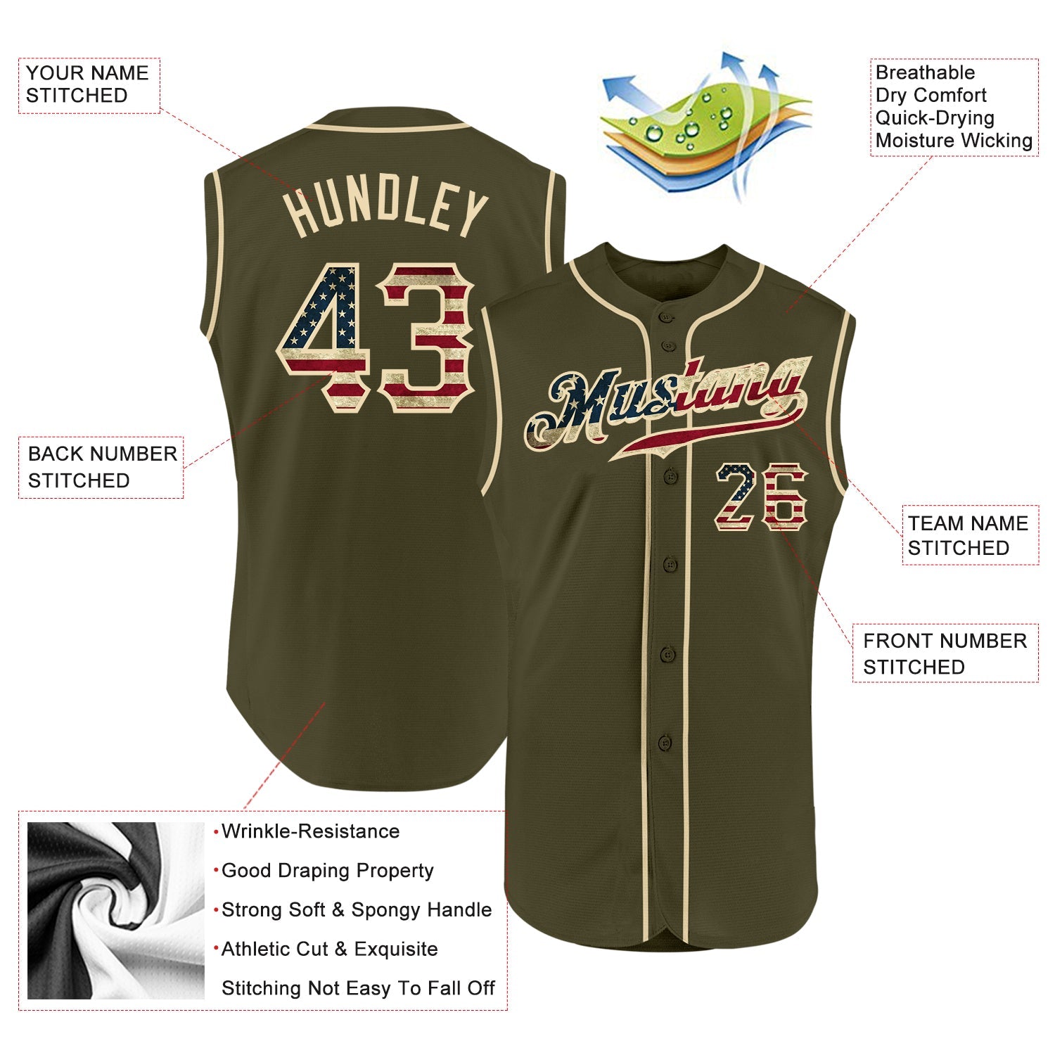 Custom Olive Vintage USA Flag-Cream Authentic Sleeveless Salute To Service Baseball Jersey - Sky-Custom