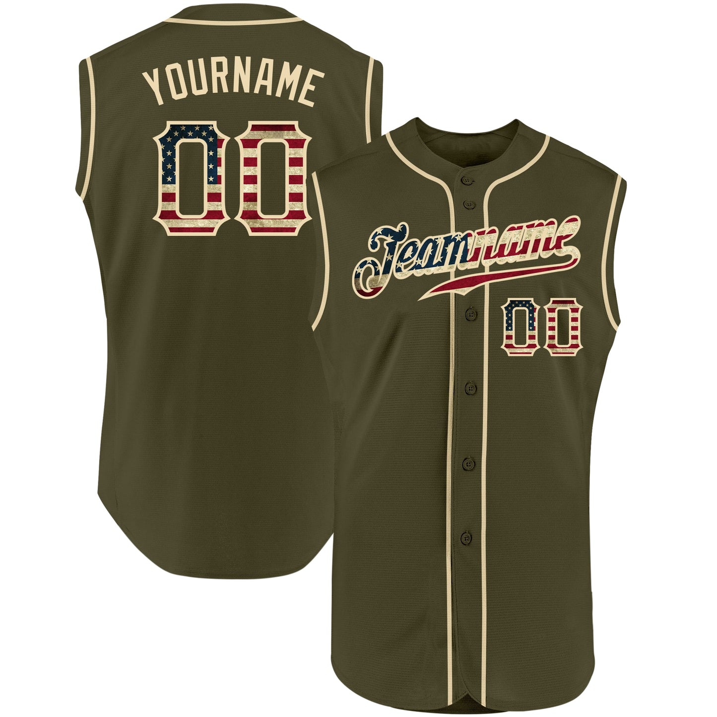 Custom Olive Vintage USA Flag-Cream Authentic Sleeveless Salute To Service Baseball Jersey - Sky-Custom