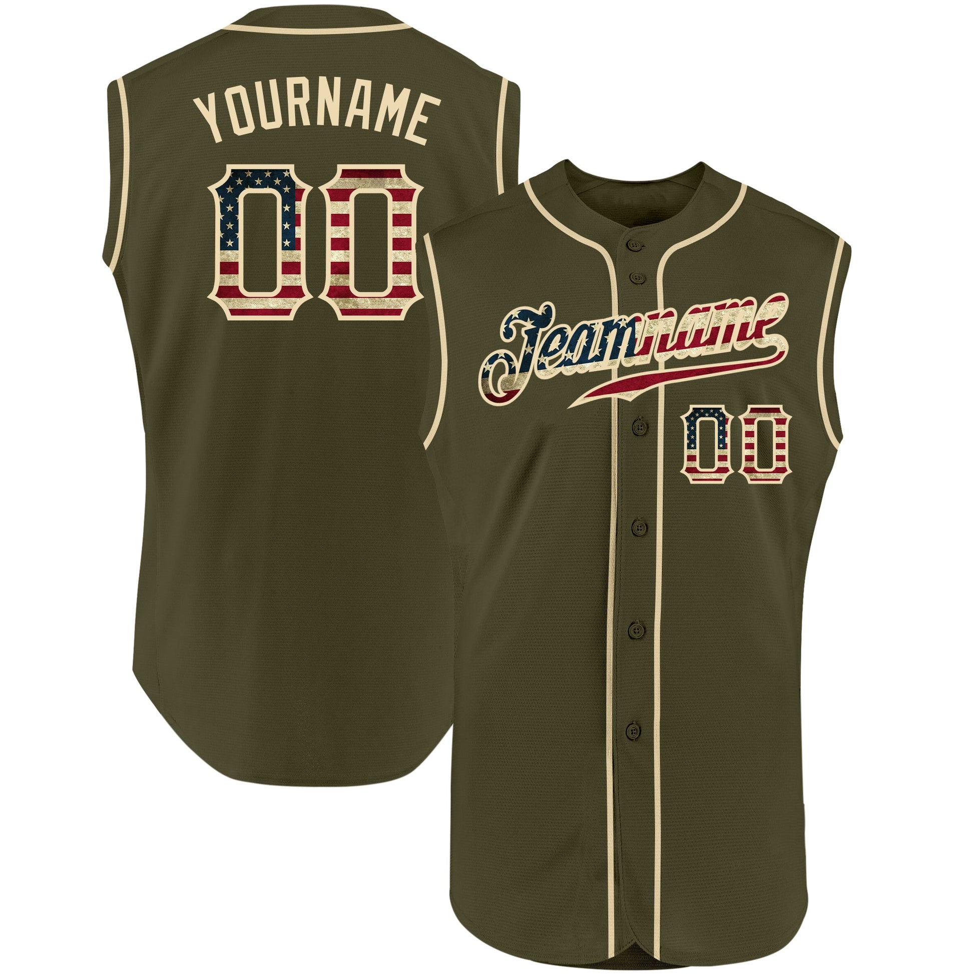 Custom Olive Vintage USA Flag-Cream Authentic Sleeveless Salute To Service Baseball Jersey - Sky-Custom