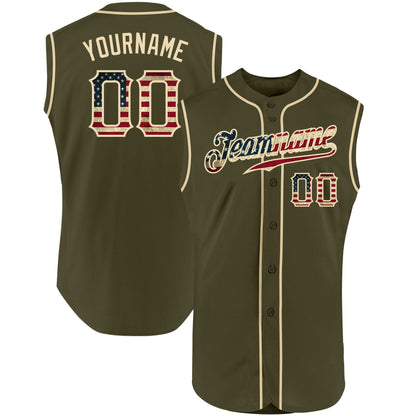 Custom Olive Vintage USA Flag-Cream Authentic Sleeveless Salute To Service Baseball Jersey - Sky-Custom