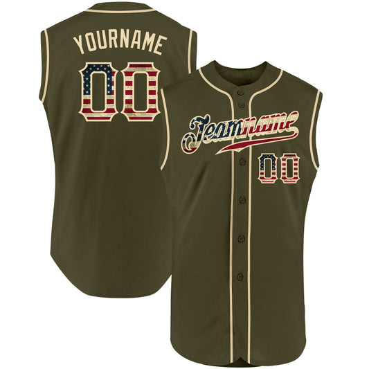 Custom Olive Vintage USA Flag-Cream Authentic Sleeveless Salute To Service Baseball Jersey - Sky-Custom