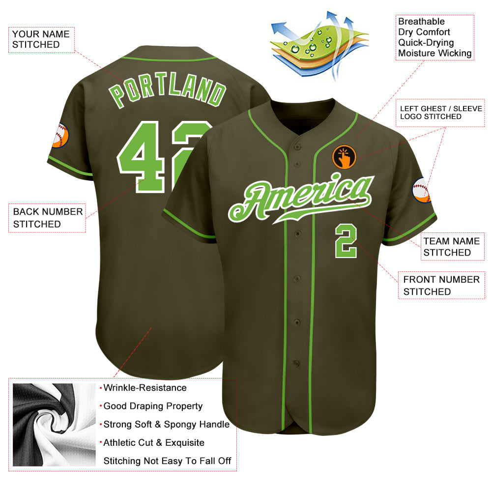 Custom Olive Neon Green-White Authentic Salute To Service Baseball Jersey - Sky-Custom