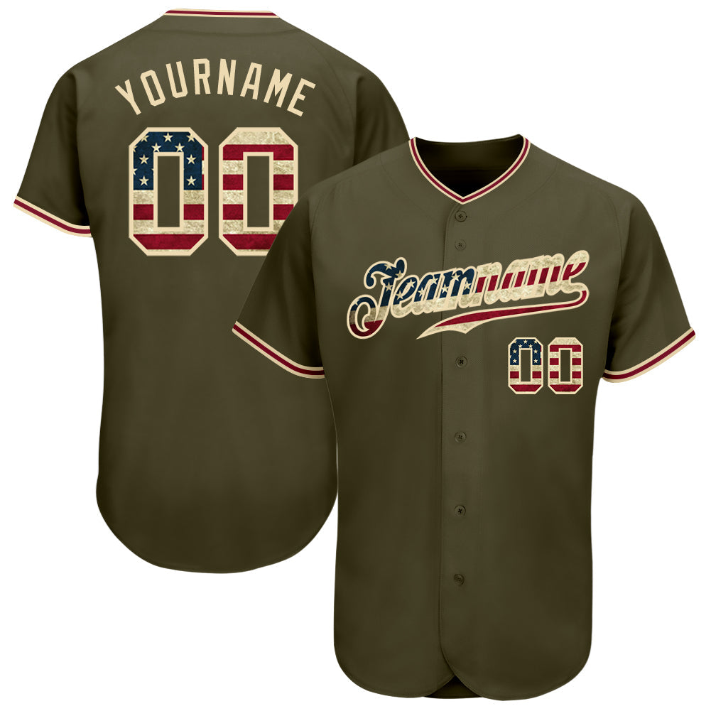Custom Olive Vintage USA Flag-City Cream Authentic Salute To Service Baseball Jersey - Sky-Custom