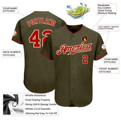 Custom Olive Red-Cream Authentic Salute To Service Baseball Jersey - Sky-Custom