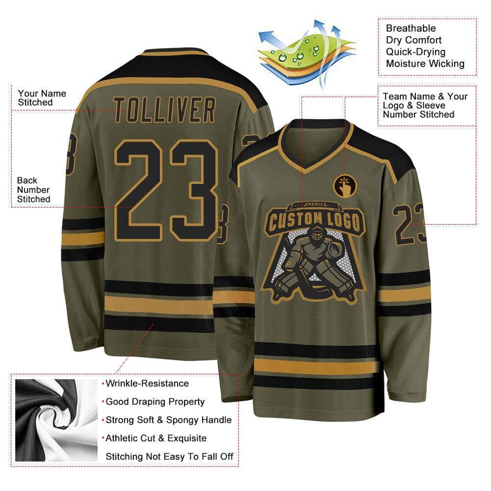 Custom Olive Black-Old Gold Salute To Service Hockey Jersey - Sky-Custom