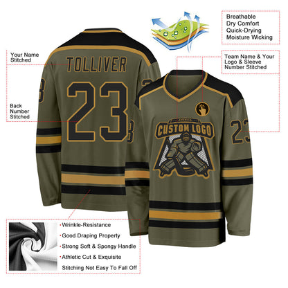 Custom Olive Black-Old Gold Salute To Service Hockey Jersey - Sky-Custom