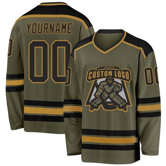Custom Olive Black-Old Gold Salute To Service Hockey Jersey - Sky-Custom