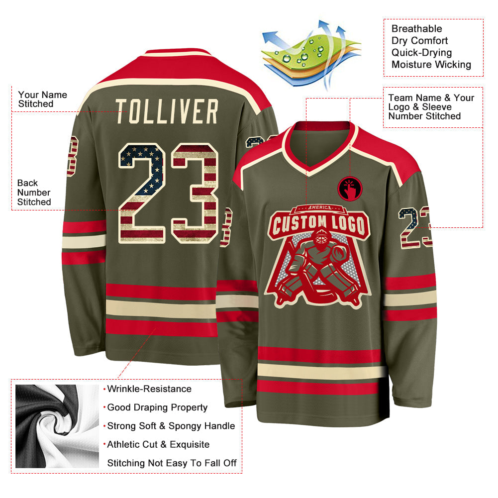 Custom Olive Vintage USA Flag Cream-Red Salute To Service Hockey Jersey - Sky-Custom