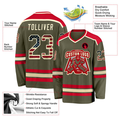 Custom Olive Vintage USA Flag Cream-Red Salute To Service Hockey Jersey - Sky-Custom