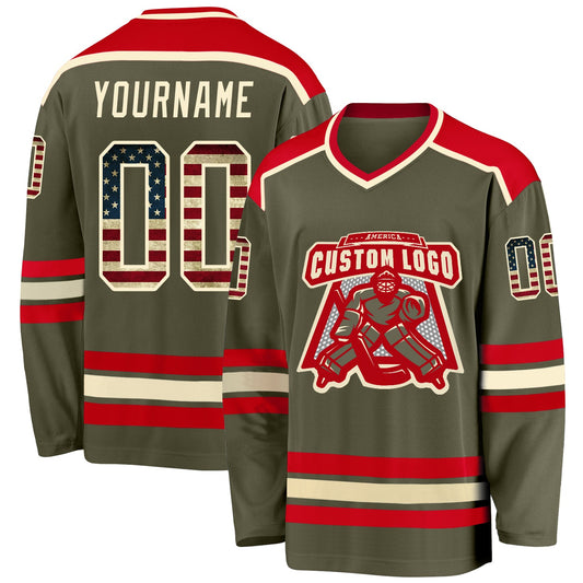 Custom Olive Vintage USA Flag Cream-Red Salute To Service Hockey Jersey - Sky-Custom