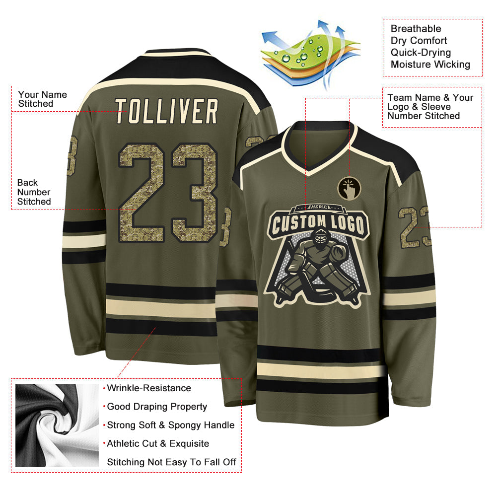 Custom Olive Camo Black-Cream Salute To Service Hockey Jersey - Sky-Custom