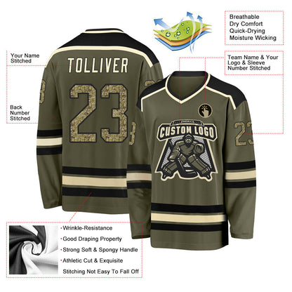Custom Olive Camo Black-Cream Salute To Service Hockey Jersey - Sky-Custom