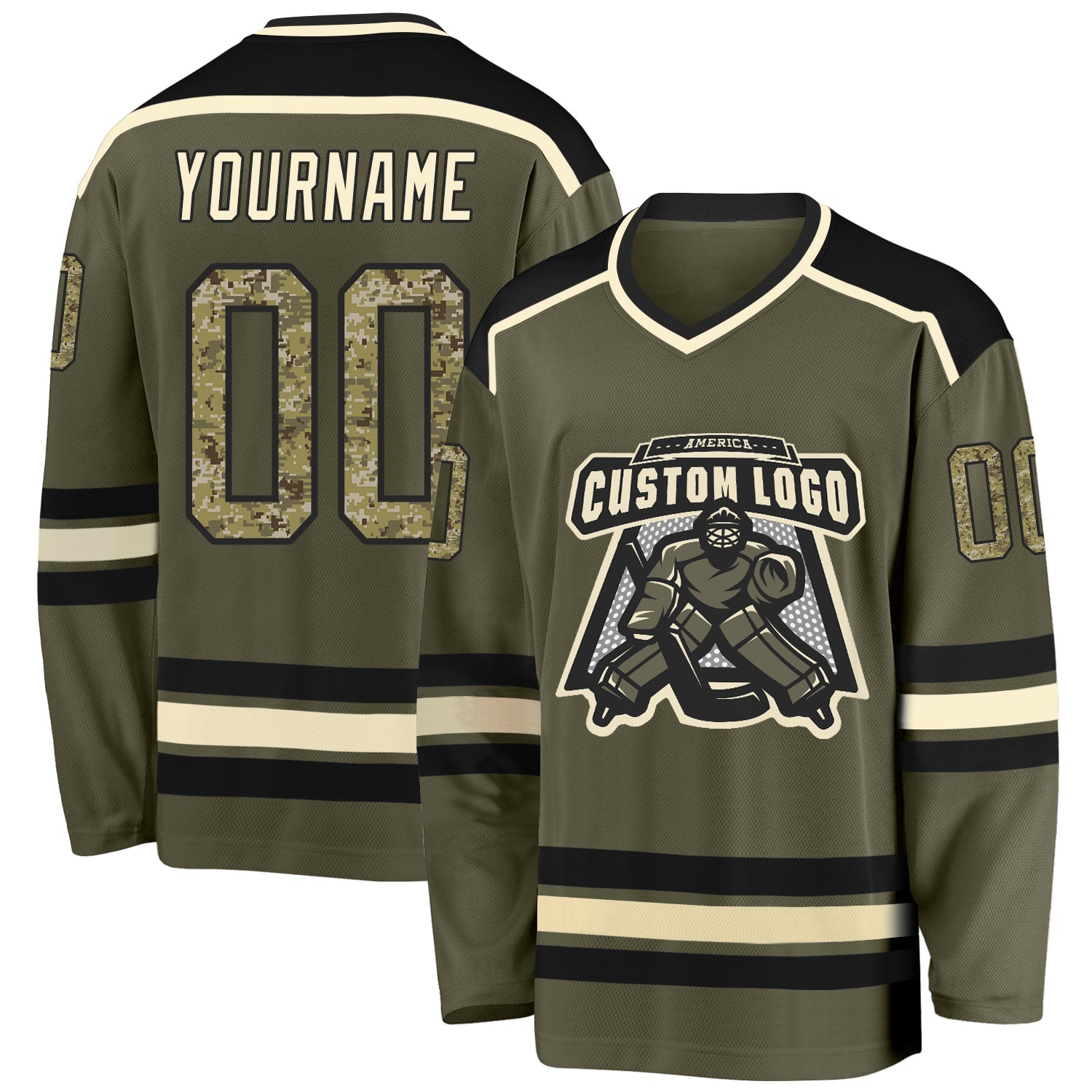 Custom Olive Camo Black-Cream Salute To Service Hockey Jersey - Sky-Custom