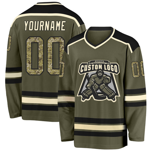 Custom Olive Camo Black-Cream Salute To Service Hockey Jersey - Sky-Custom