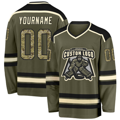 Custom Olive Camo Black-Cream Salute To Service Hockey Jersey - Sky-Custom