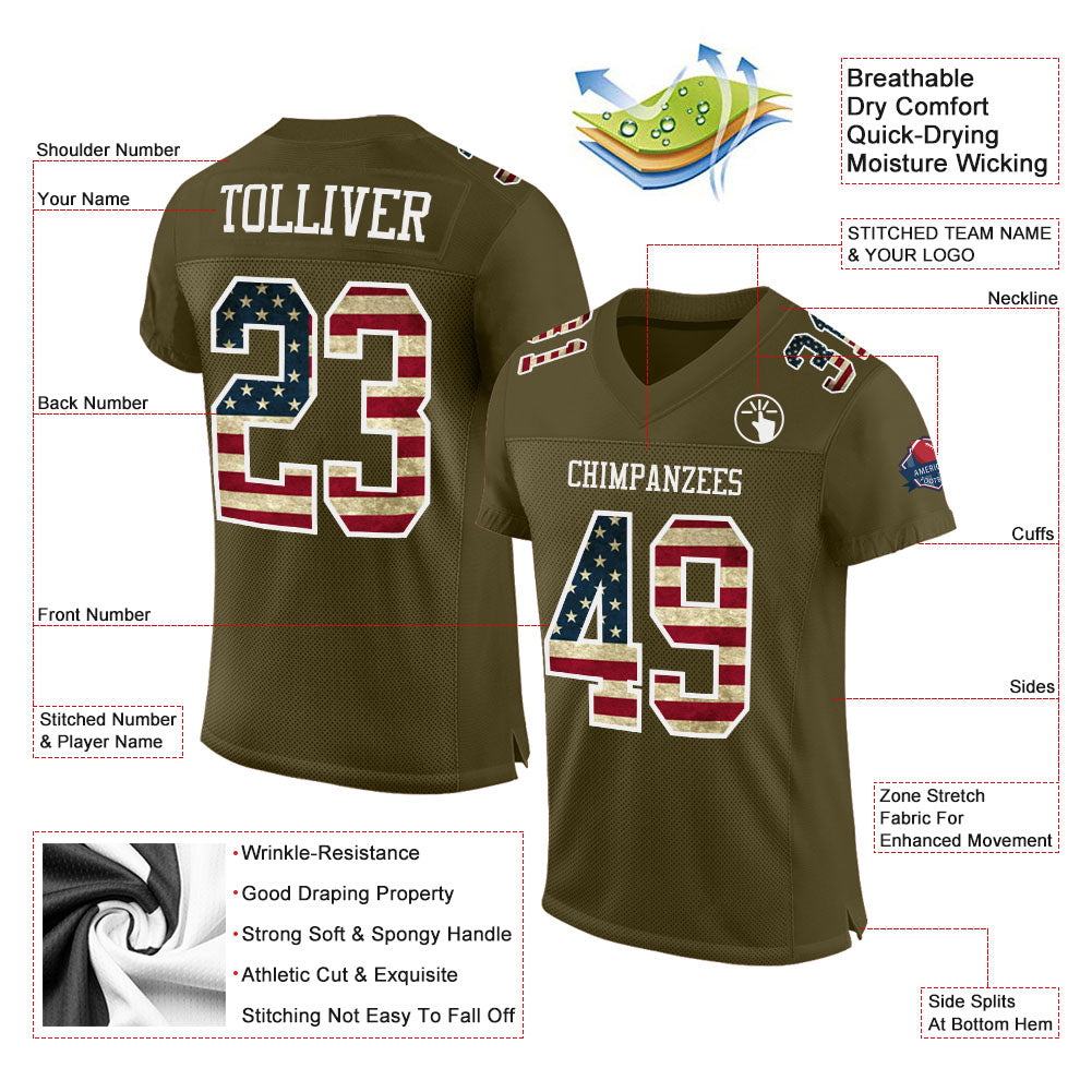 Custom Olive Vintage USA Flag-White Mesh Authentic Salute To Service Football Jersey - Sky-Custom