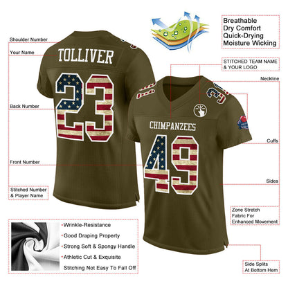 Custom Olive Vintage USA Flag-White Mesh Authentic Salute To Service Football Jersey - Sky-Custom