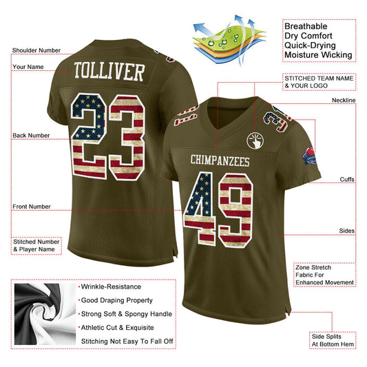 Custom Olive Vintage USA Flag-White Mesh Authentic Salute To Service Football Jersey - Sky-Custom