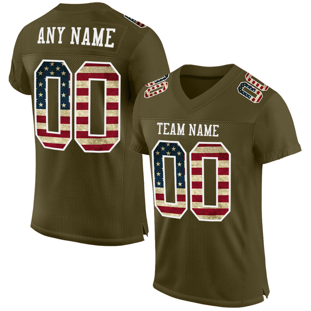 Custom Olive Vintage USA Flag-White Mesh Authentic Salute To Service Football Jersey - Sky-Custom