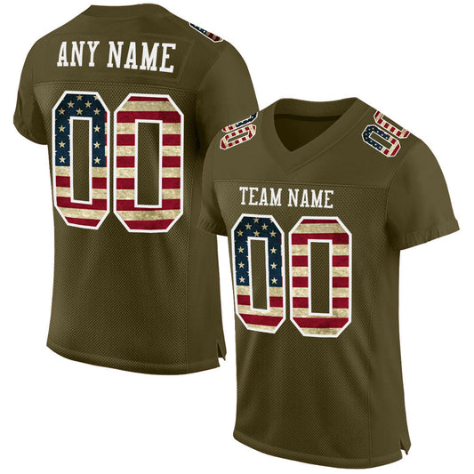 Custom Olive Vintage USA Flag-White Mesh Authentic Salute To Service Football Jersey - Sky-Custom