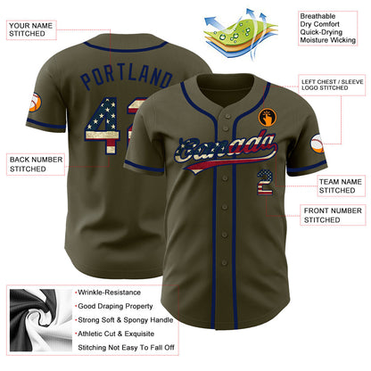 Custom Olive Vintage USA Flag-Navy Authentic Salute To Service Baseball Jersey - Sky-Custom
