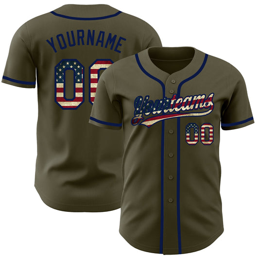 Custom Olive Vintage USA Flag-Navy Authentic Salute To Service Baseball Jersey - Sky-Custom
