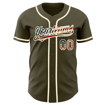 Custom Olive Vintage USA Flag-Cream Authentic Salute To Service Baseball Jersey - Sky-Custom