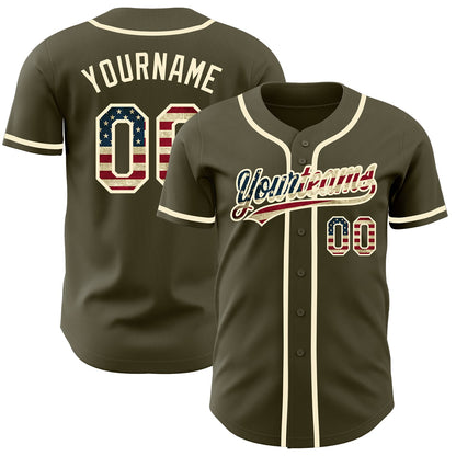 Custom Olive Vintage USA Flag-Cream Authentic Salute To Service Baseball Jersey - Sky-Custom