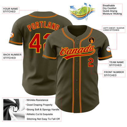 Custom Olive Red-Gold Authentic Salute To Service Baseball Jersey - Sky-Custom
