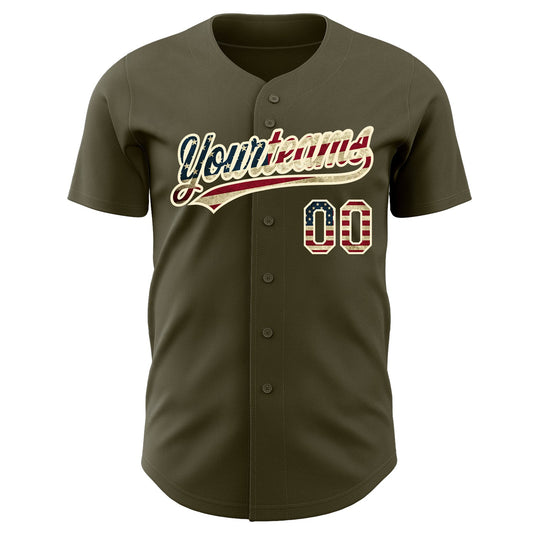 Custom Olive Vintage USA Flag-Cream Authentic Salute To Service Baseball Jersey - Sky-Custom