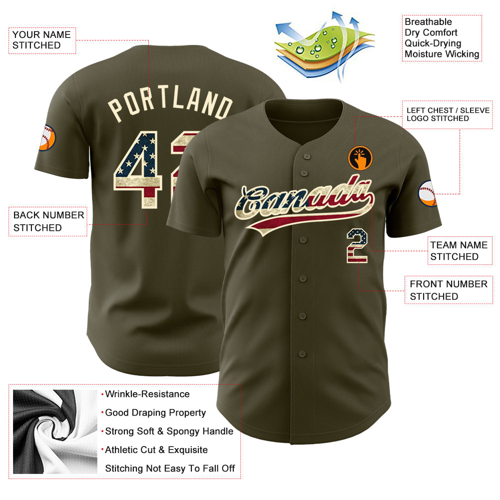 Custom Olive Vintage USA Flag-Cream Authentic Salute To Service Baseball Jersey - Sky-Custom