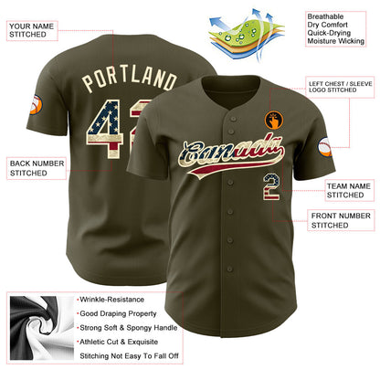 Custom Olive Vintage USA Flag-Cream Authentic Salute To Service Baseball Jersey - Sky-Custom
