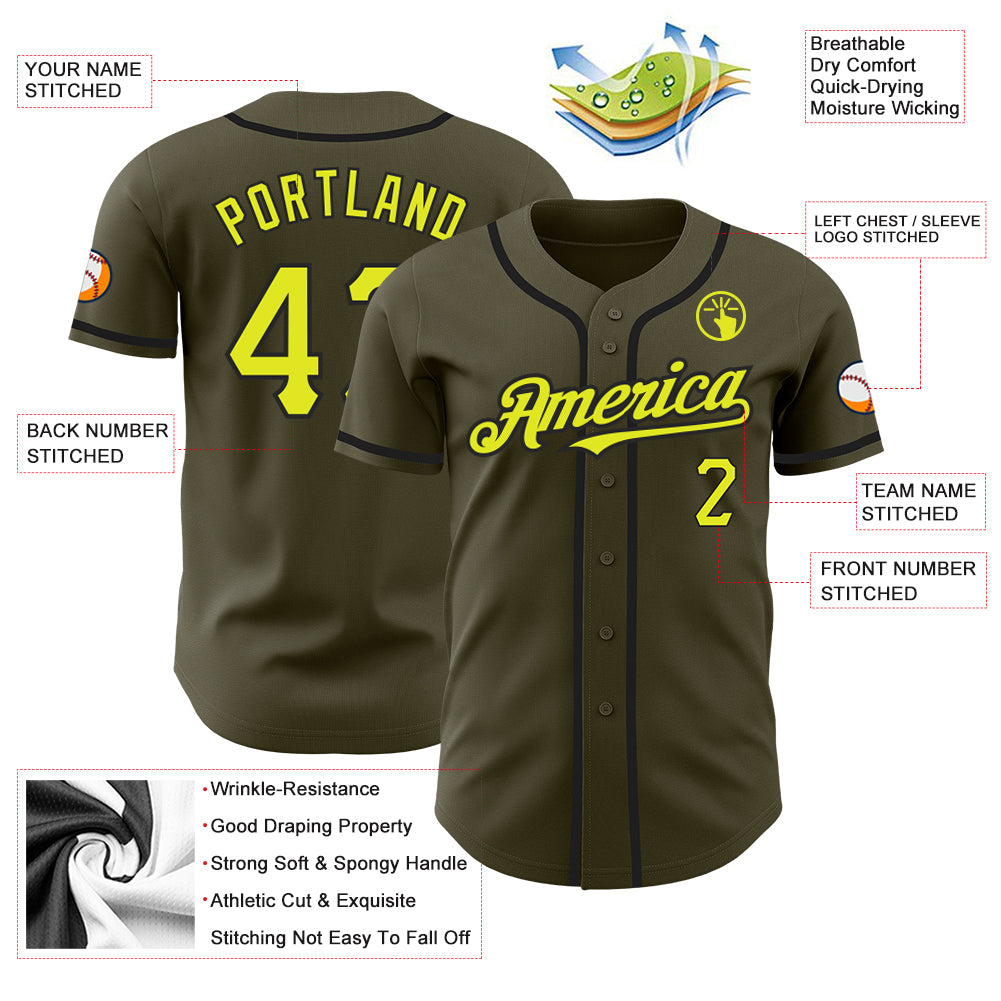 Custom Olive Neon Yellow-Black Authentic Salute To Service Baseball Jersey - Sky-Custom