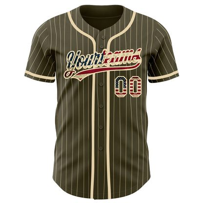 Custom Olive City Cream Pinstripe Vintage USA Flag Authentic Salute To Service Baseball Jersey - Sky-Custom