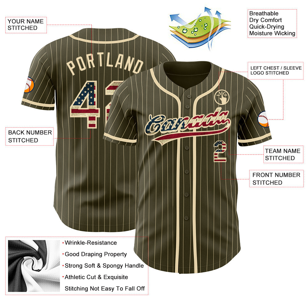 Custom Olive City Cream Pinstripe Vintage USA Flag Authentic Salute To Service Baseball Jersey - Sky-Custom