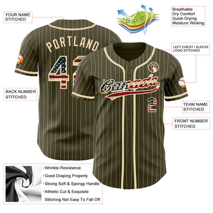 Custom Olive City Cream Pinstripe Vintage USA Flag Authentic Salute To Service Baseball Jersey - Sky-Custom
