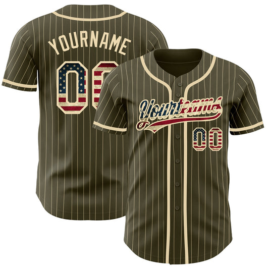 Custom Olive City Cream Pinstripe Vintage USA Flag Authentic Salute To Service Baseball Jersey - Sky-Custom