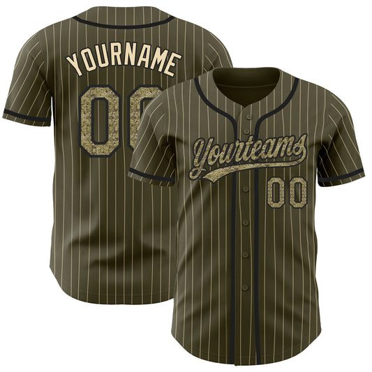 Custom Olive City Cream Pinstripe Camo-Black Authentic Salute To Service Baseball Jersey - Sky-Custom