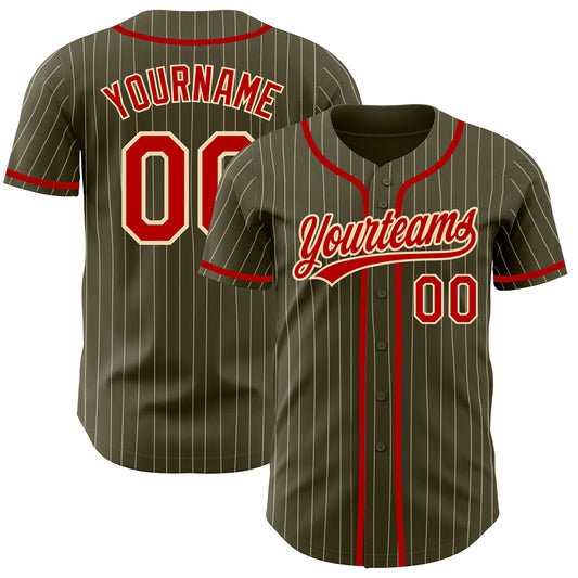 Custom Olive City Cream Pinstripe Red Authentic Salute To Service Baseball Jersey - Sky-Custom