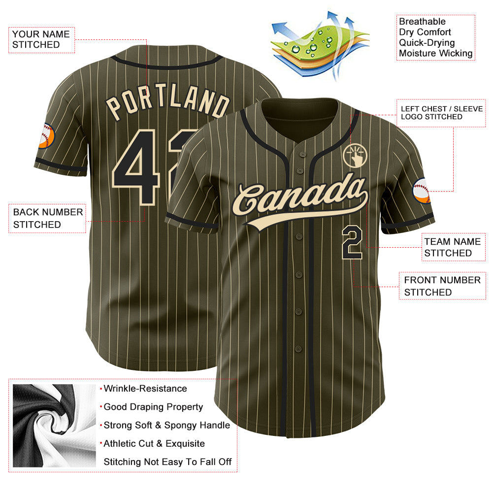 Custom Olive City Cream Pinstripe Black Authentic Salute To Service Baseball Jersey - Sky-Custom