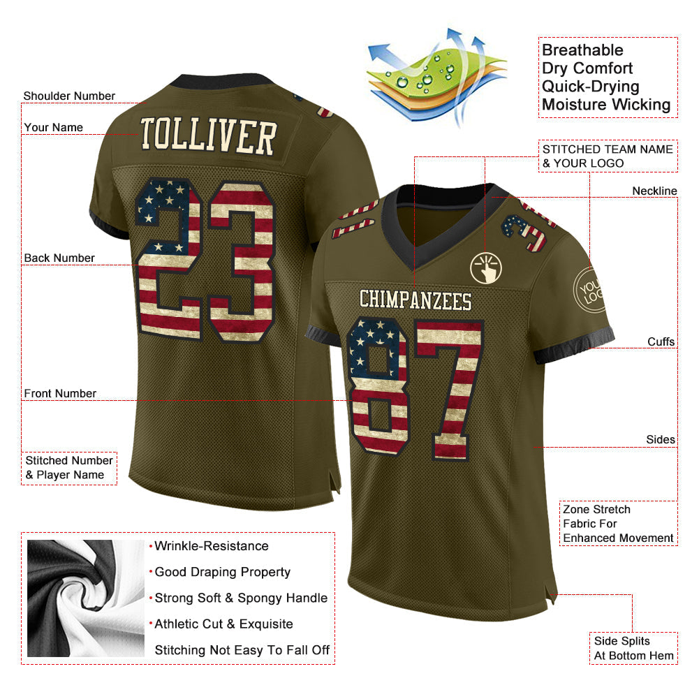 Custom Olive Vintage USA Flag Cream-Black Mesh Authentic Salute To Service Football Jersey - Sky-Custom