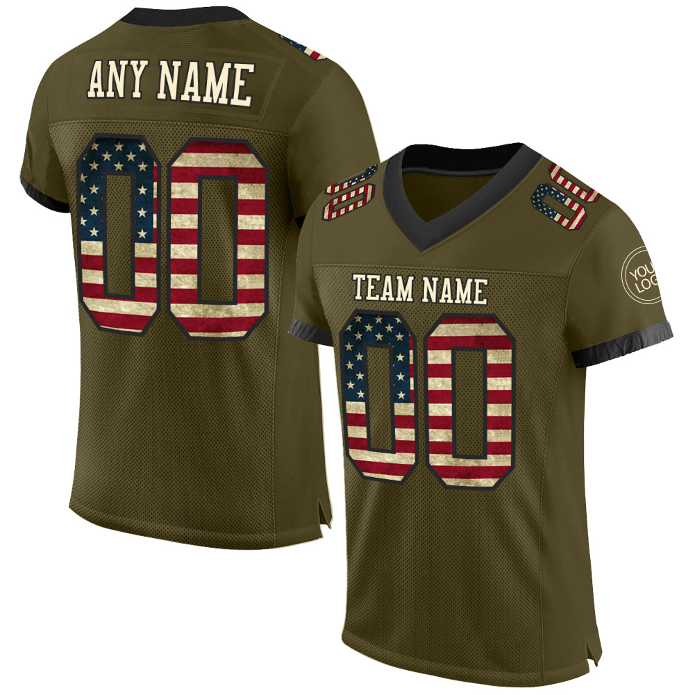 Custom Olive Vintage USA Flag Cream-Black Mesh Authentic Salute To Service Football Jersey - Sky-Custom